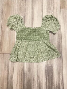 American Eagle Sage Green Floral Smocked Babydoll Blouse